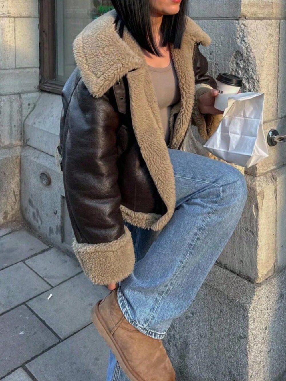 Brown Casual Women's Oversized Two-Sided Motorcycle Jacket with Shearling Collar